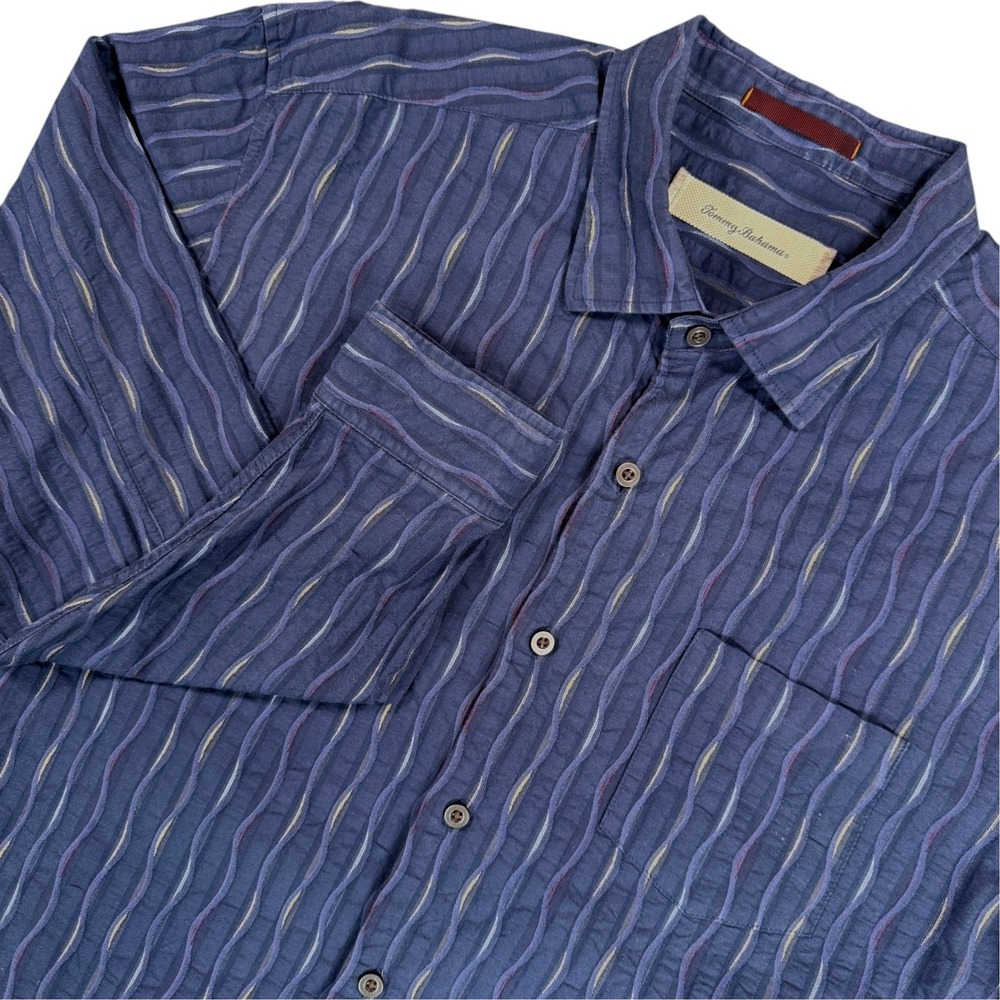 TOMMY BAHAMA Textured Long Sleeve Shirt Mens XL Blue Stripe Cotton Silk Blend
